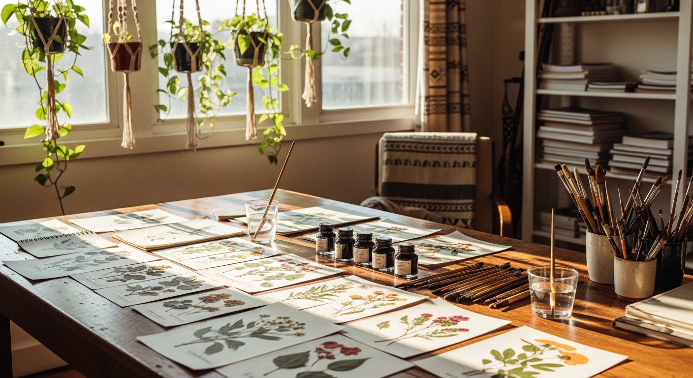 Beauty of Papers studio workspace with sketches, ink bottles, brushes, and pressed flowers.