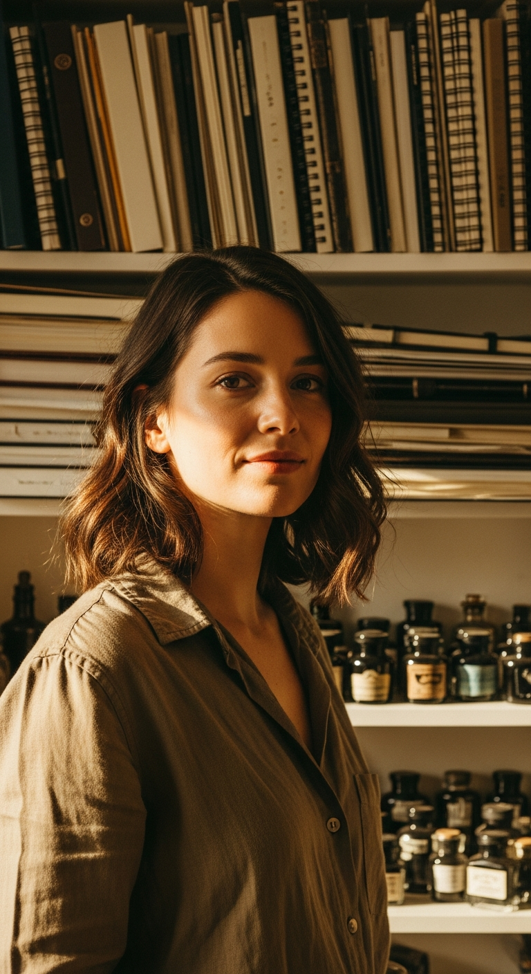 Portrait of Ellie Marsh standing in the Beauty of Papers studio.