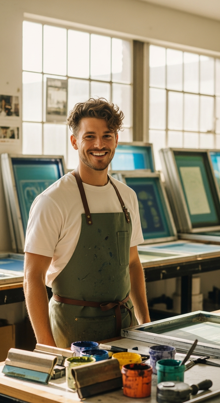Portrait of Kai Tanaka in the print workshop.