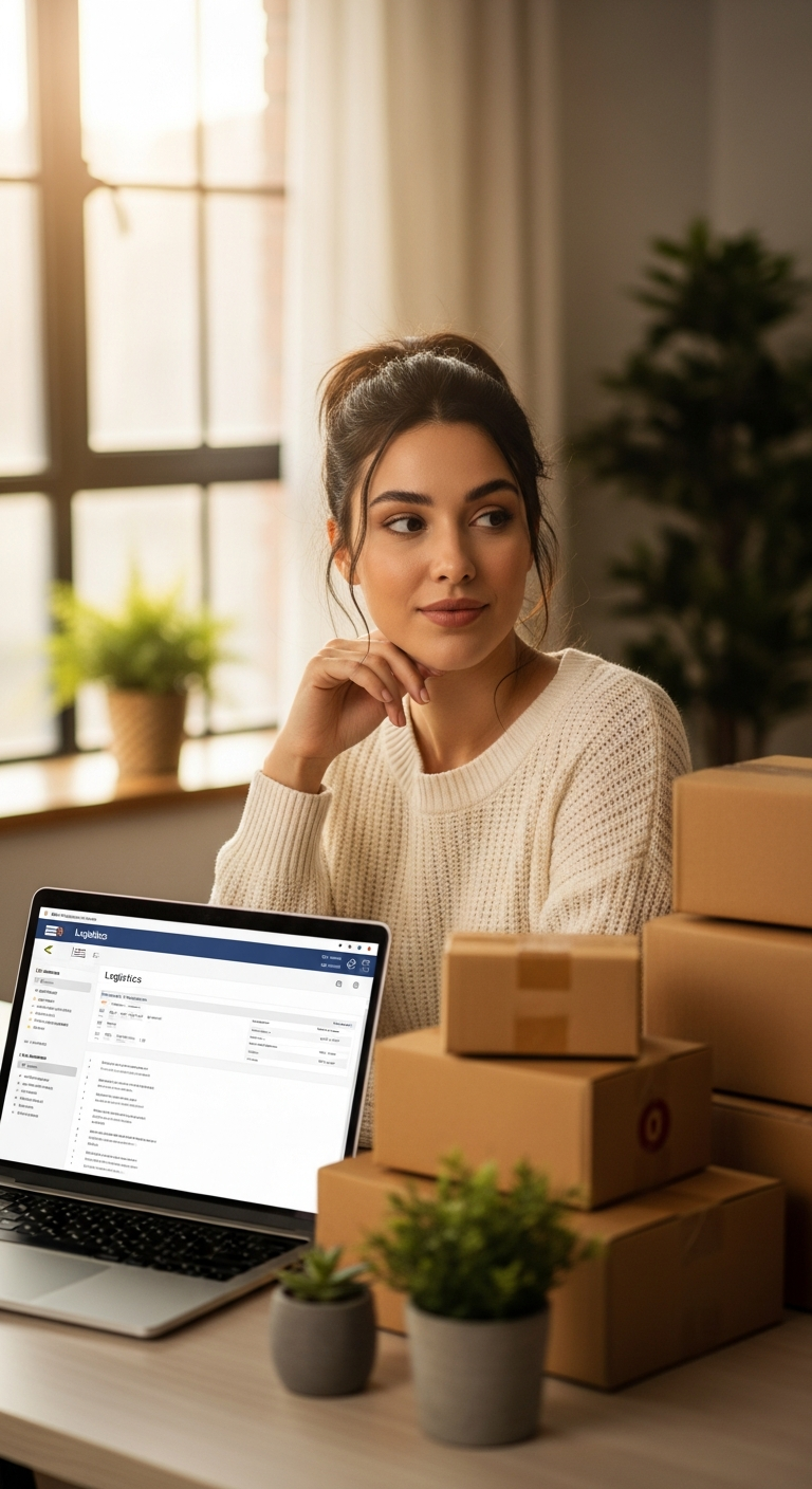 Portrait of Sofia Rivera working at her desk with packing materials nearby.