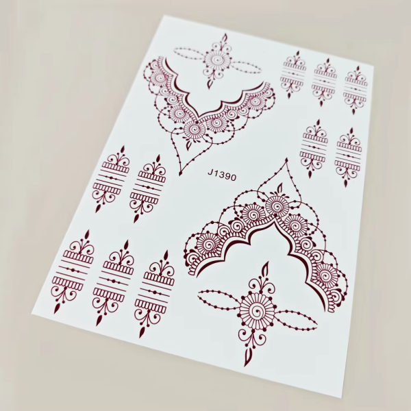 Brown mehndi lace temporary tattoo sheet with floral and paisley details