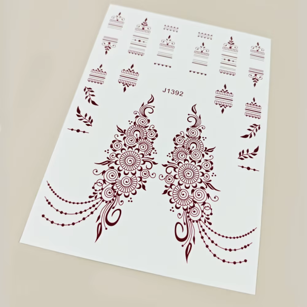 Brown mehndi floral temporary tattoo sheet with symmetrical ornamental panels
