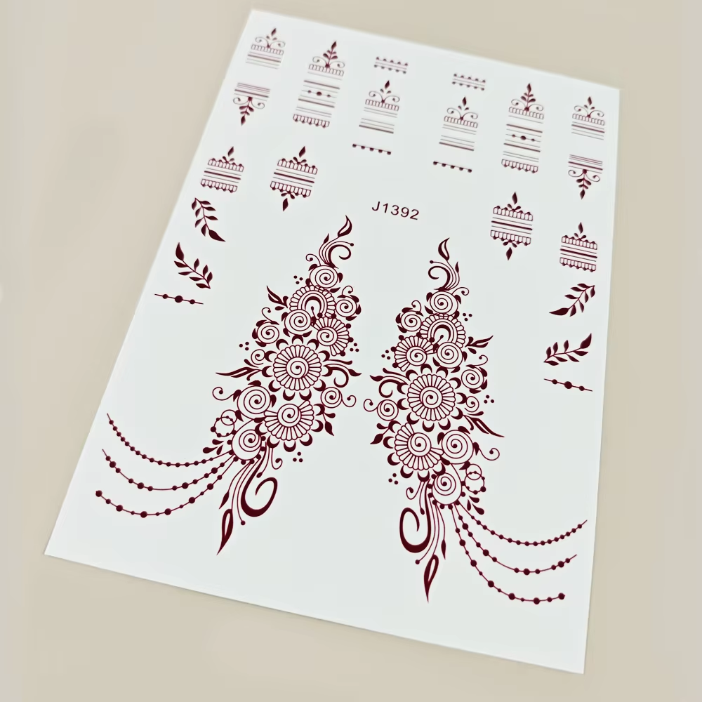 Brown mehndi-inspired sheet with symmetrical floral panels and dotted ornamental accents.