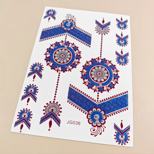 Blue and red folk-inspired sheet with pendant shapes, arrows, and geometric accents.