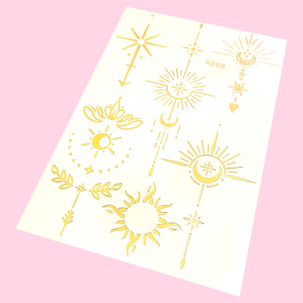 Gold sunburst and eye-inspired sheet with fine celestial accents.