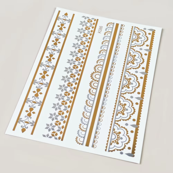 Metallic ornamental band temporary tattoo sheet with floral lace borders