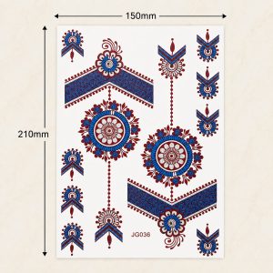 Full sheet of blue and red geometric temporary tattoo designs
