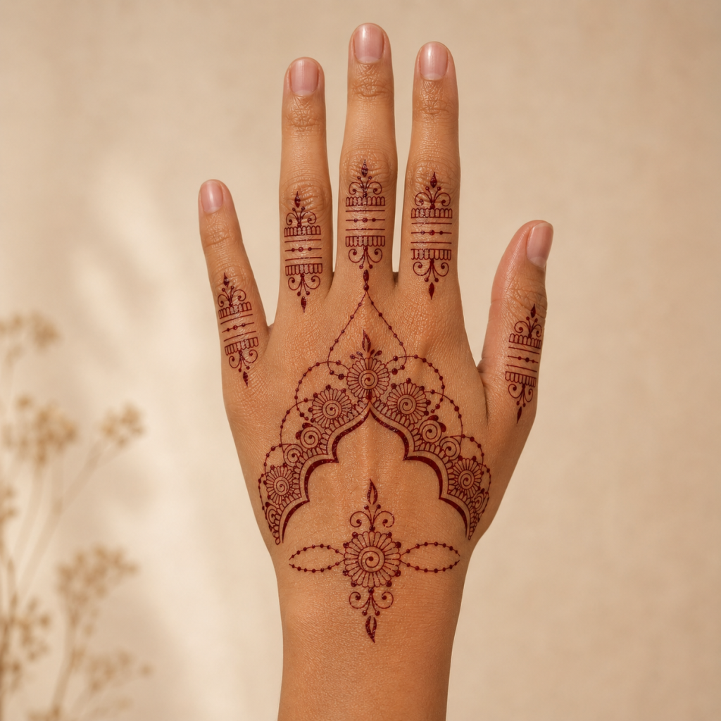 Brown mehndi lace temporary tattoo worn across the back of the hand