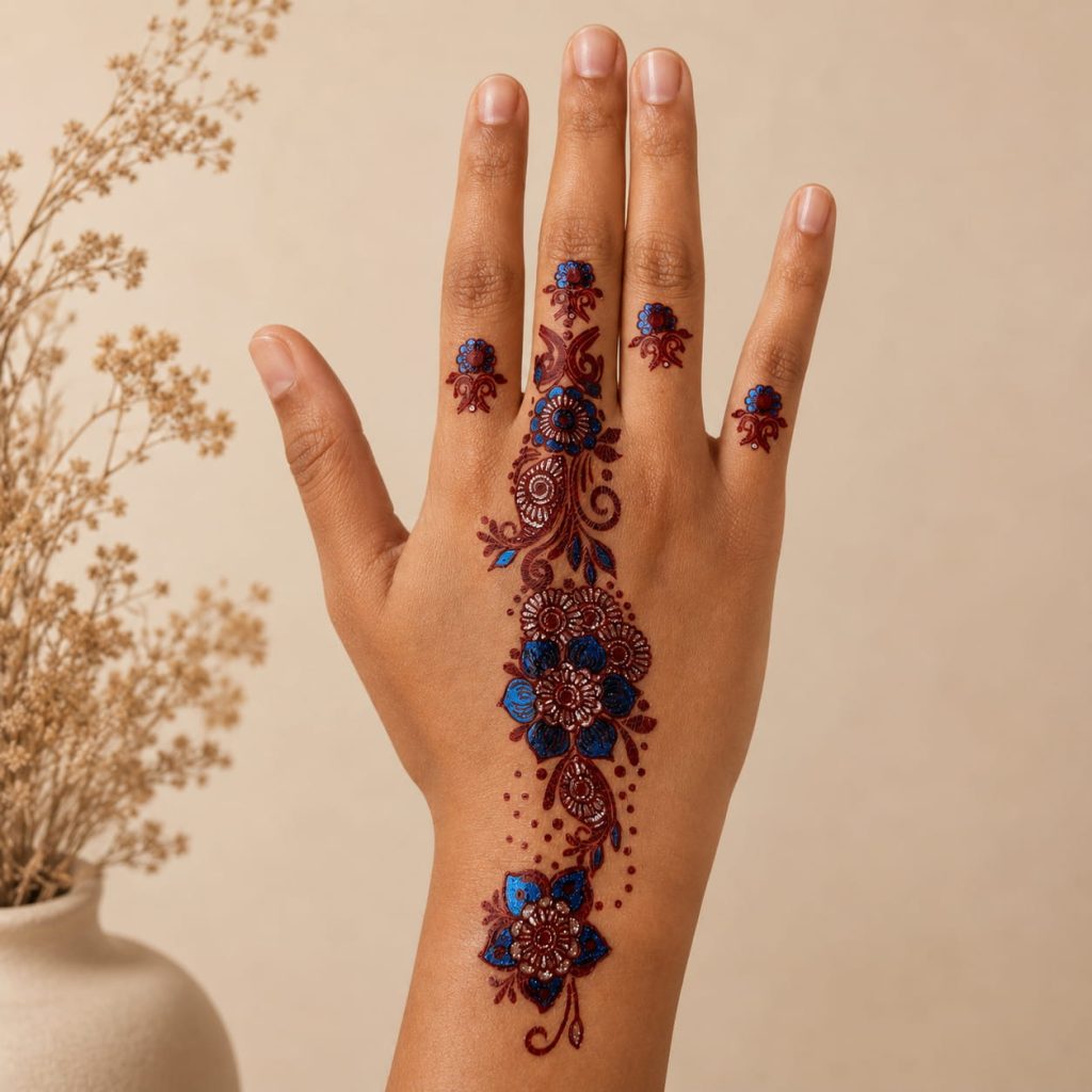 Colorful festival temporary tattoo worn on the hand