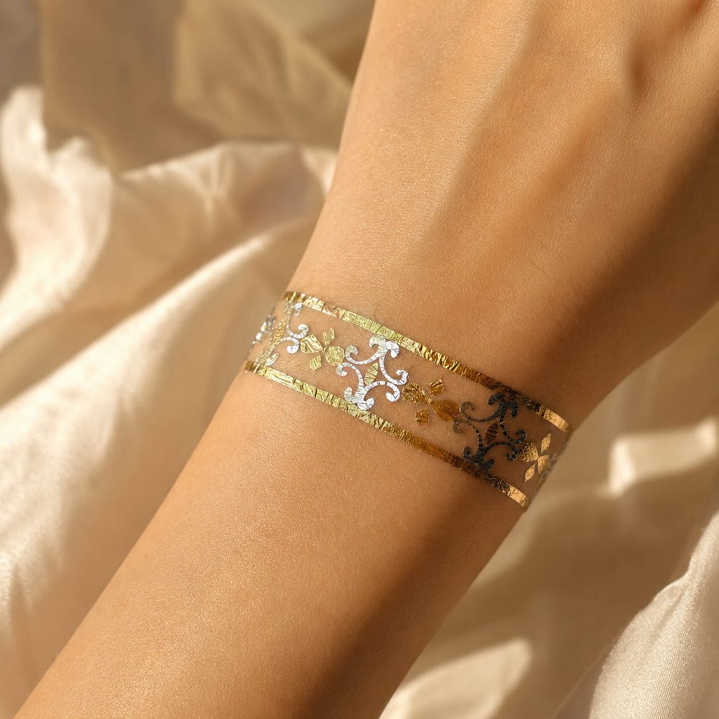 Metallic temporary tattoo band worn on the wrist