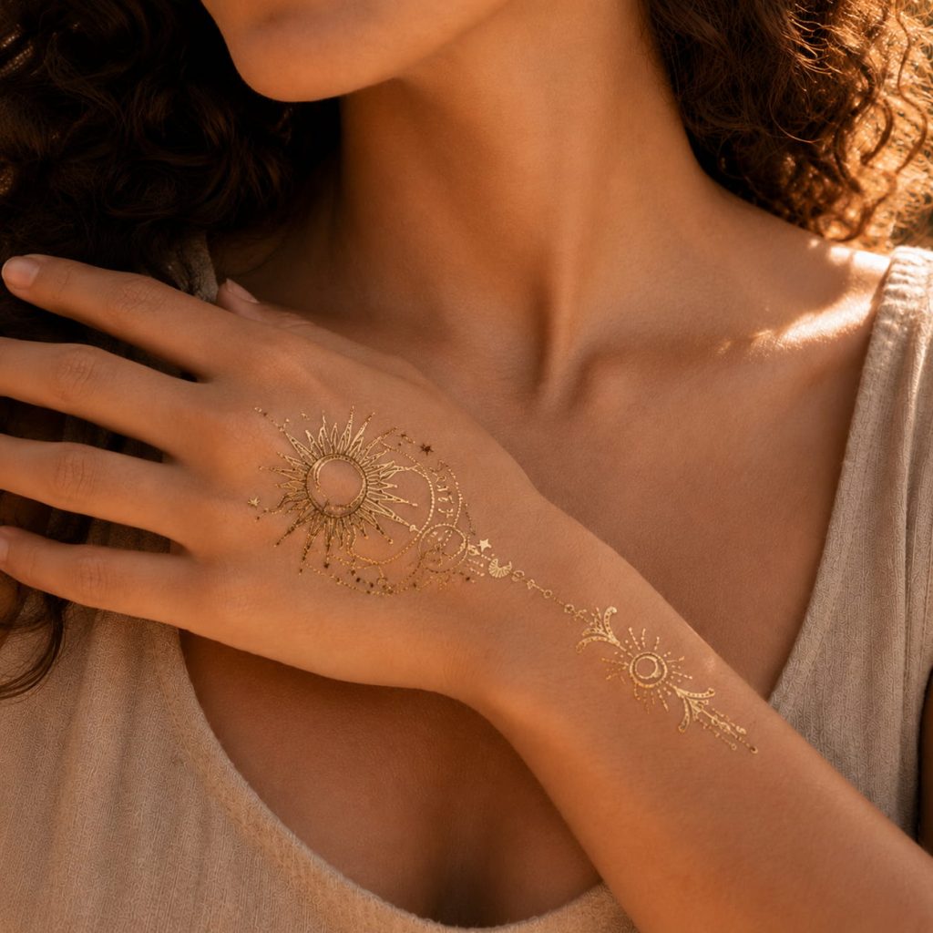 Gold sun and moon temporary tattoo worn near the collarbone