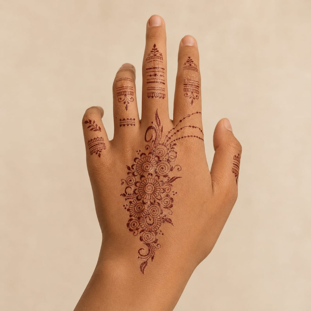 Brown mehndi floral temporary tattoo worn across the hand and fingers
