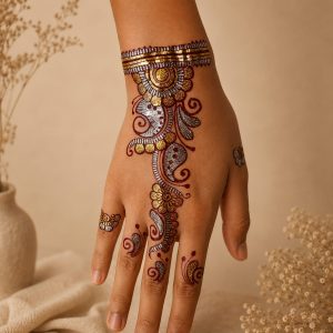 Colorful curved floral temporary tattoo shown along the hand and wrist