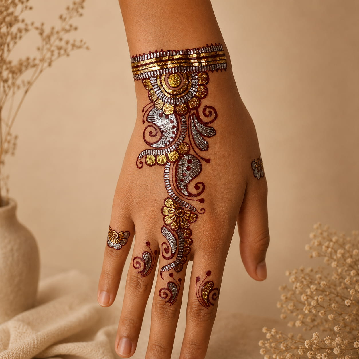 Colorful curved floral temporary tattoo shown along the hand and wrist