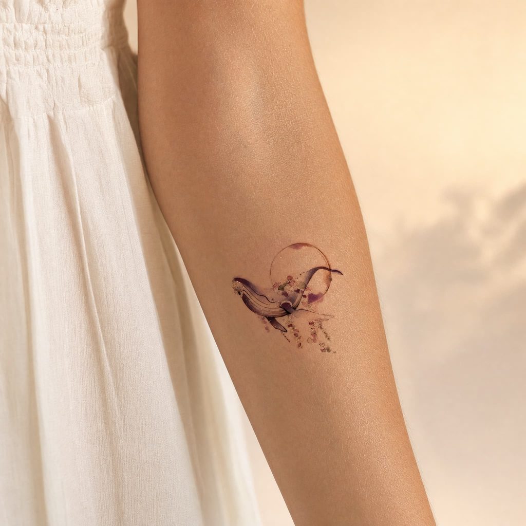 Watercolor whale temporary tattoo worn near the ankle