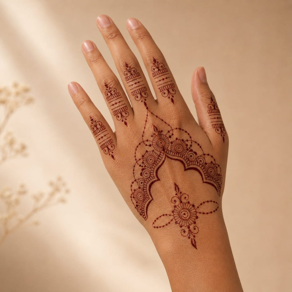Brown mehndi temporary tattoo worn on the hand