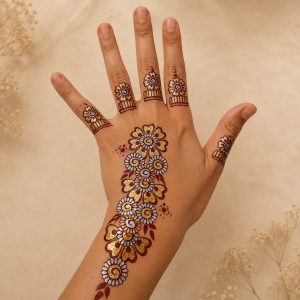 Colorful floral ornamental temporary tattoo shown on the hand from a warm angled view