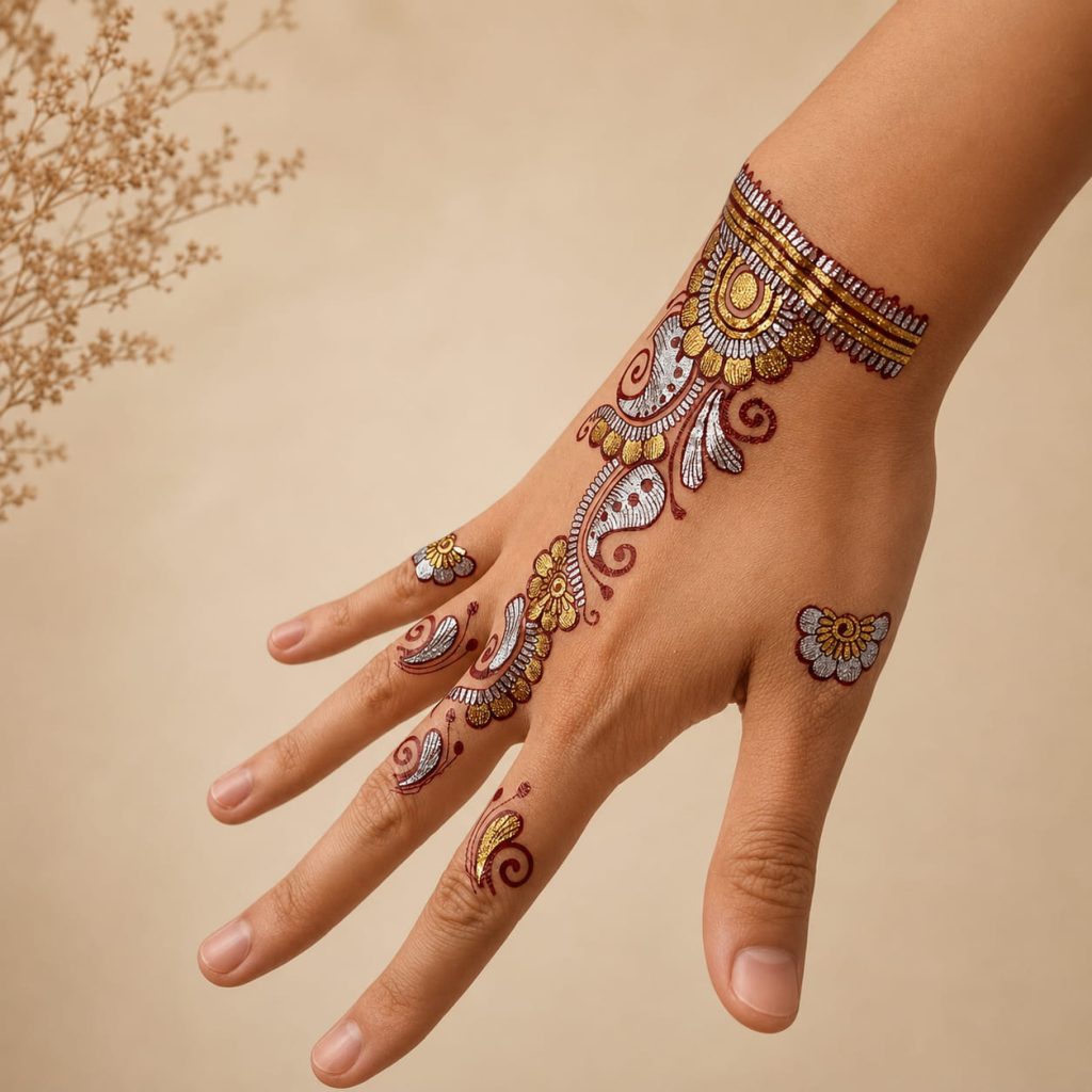 Colorful curved floral temporary tattoo worn on the hand
