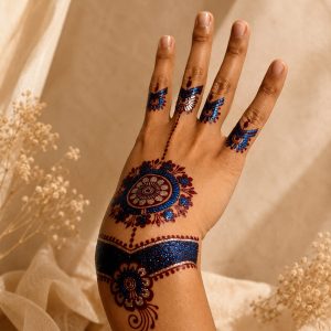 Blue and red geometric temporary tattoo worn on the hand with a warm neutral background