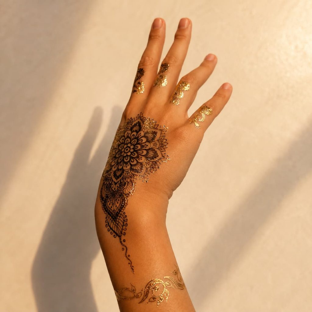 Gold mehndi floral temporary tattoo worn on the hand