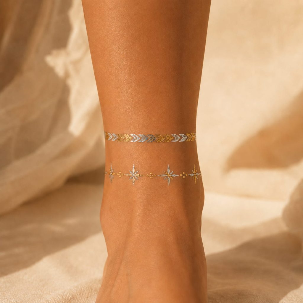 Metallic charm band temporary tattoo worn around the ankle