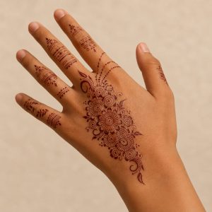 Close-up of brown mehndi floral temporary tattoo detail on the hand