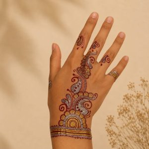 Colorful curved floral temporary tattoo detail worn on the hand