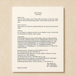 Printed temporary tattoo application and ingredient instruction card