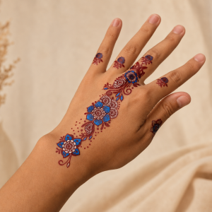 Colorful floral paisley temporary tattoo worn diagonally across the hand