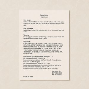 Printed temporary tattoo application and ingredient instruction card