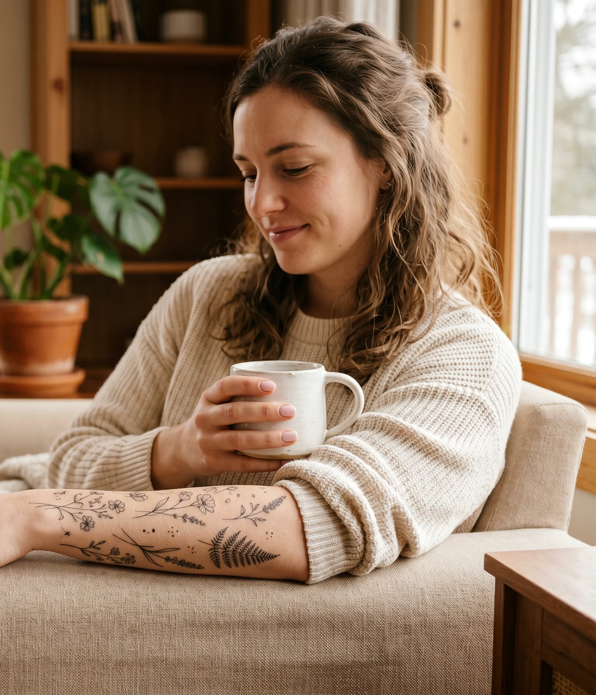 Woman wearing floral temporary tattoos in a warm home setting