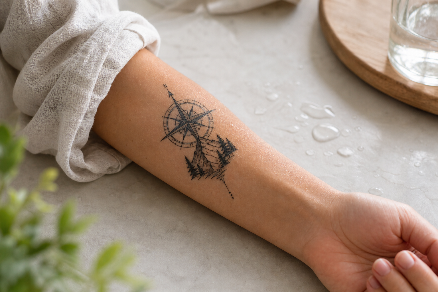 Fresh temporary tattoo drying on the forearm after application