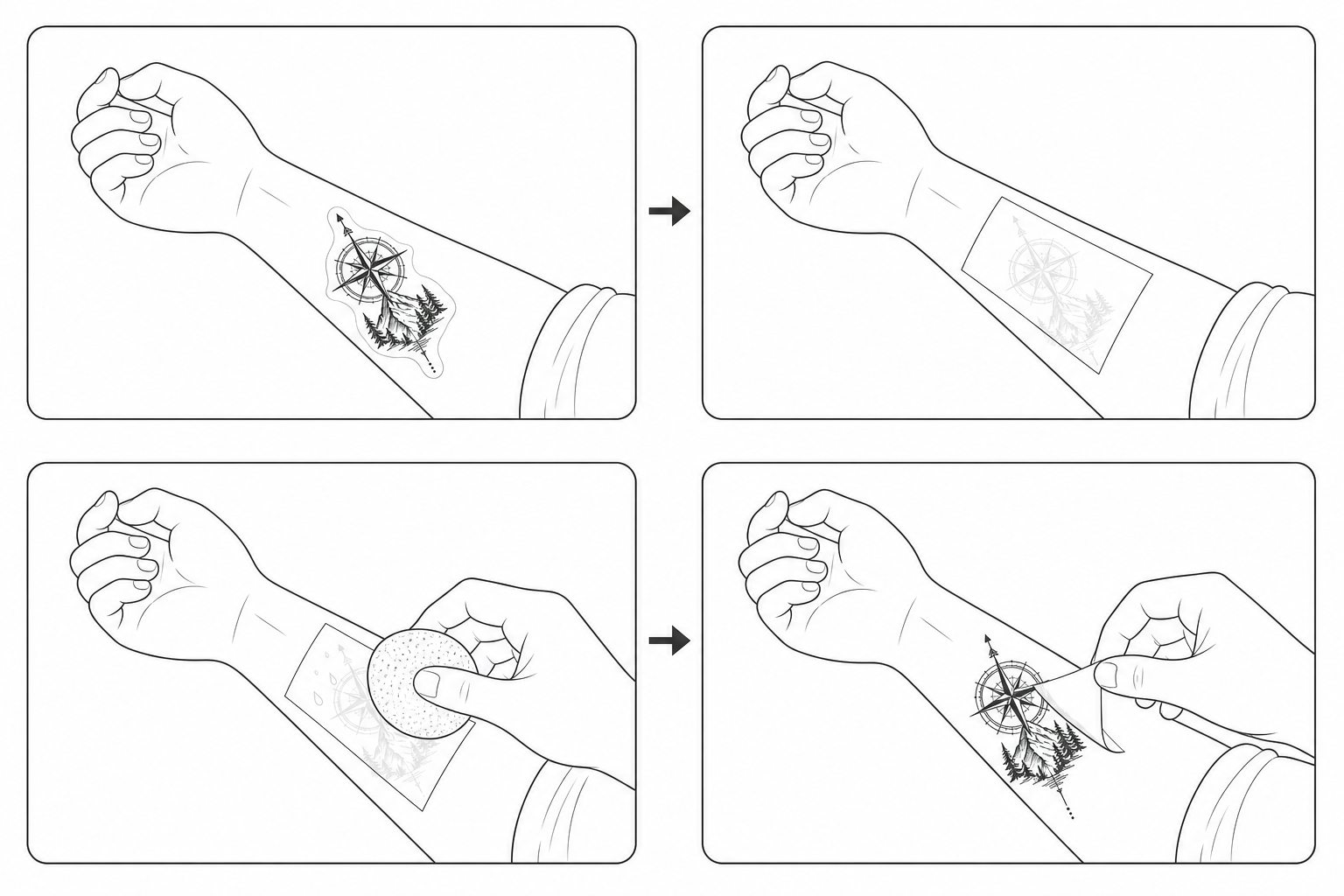 Four-step visual guide showing how to apply a temporary tattoo on the forearm