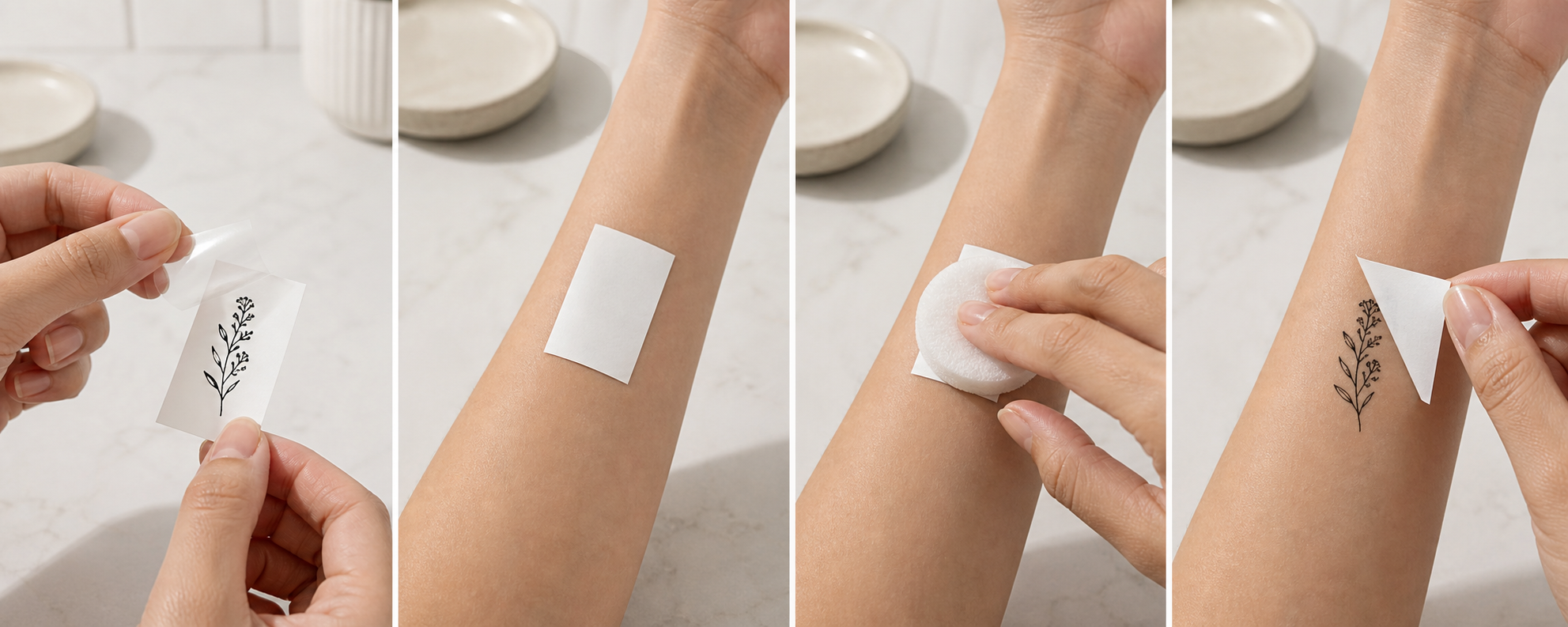 Four-step sequence showing a temporary tattoo placed face down, wetted, peeled, and revealed