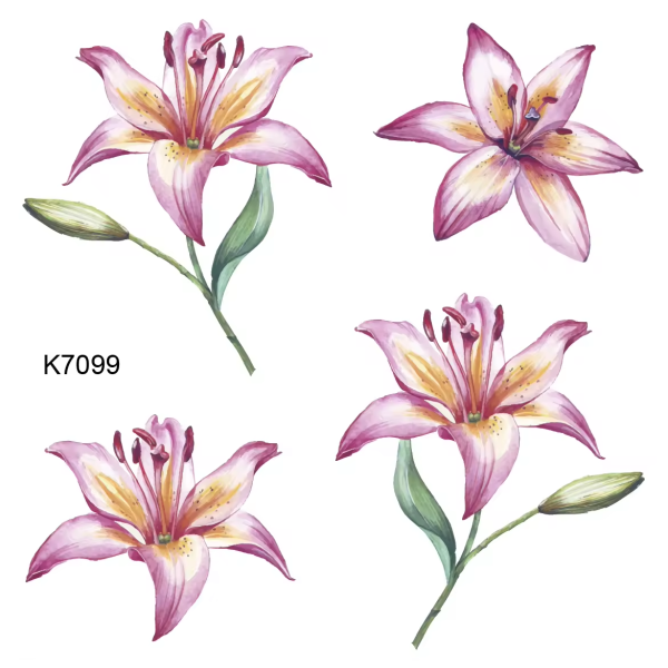 Pink lily temporary tattoo sheet with watercolor floral designs