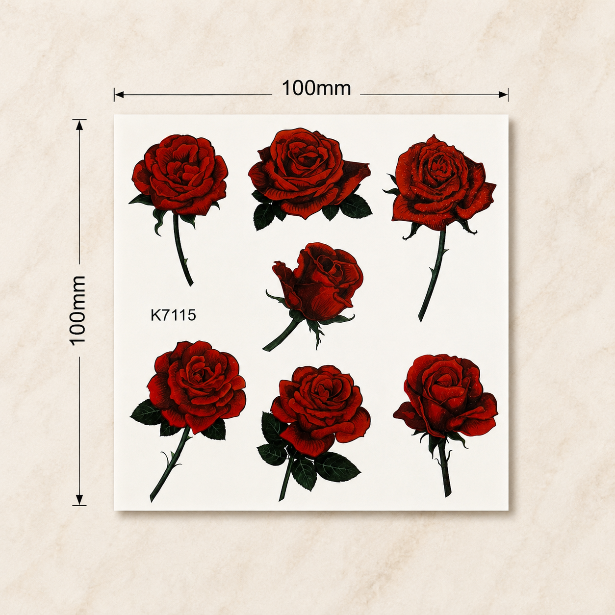 Red Rose Floral temporary tattoo sheet with size reference
