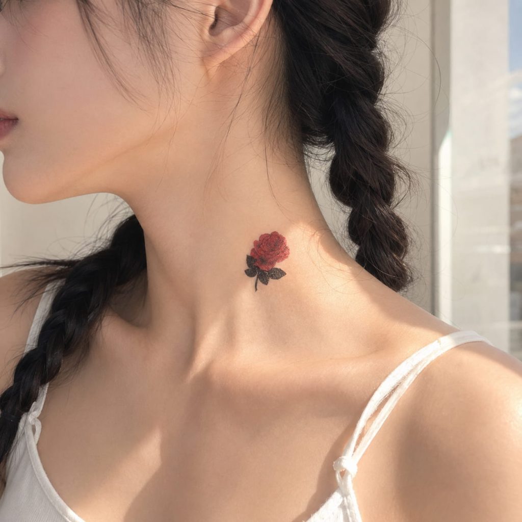 Red rose temporary tattoo worn near the collarbone