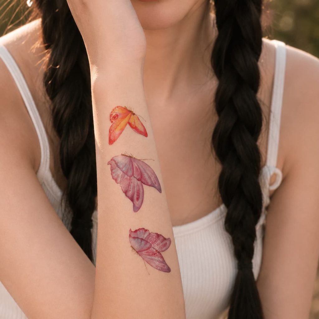 Watercolor butterfly temporary tattoos worn on the forearm