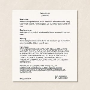 Printed temporary tattoo application and ingredient instruction card