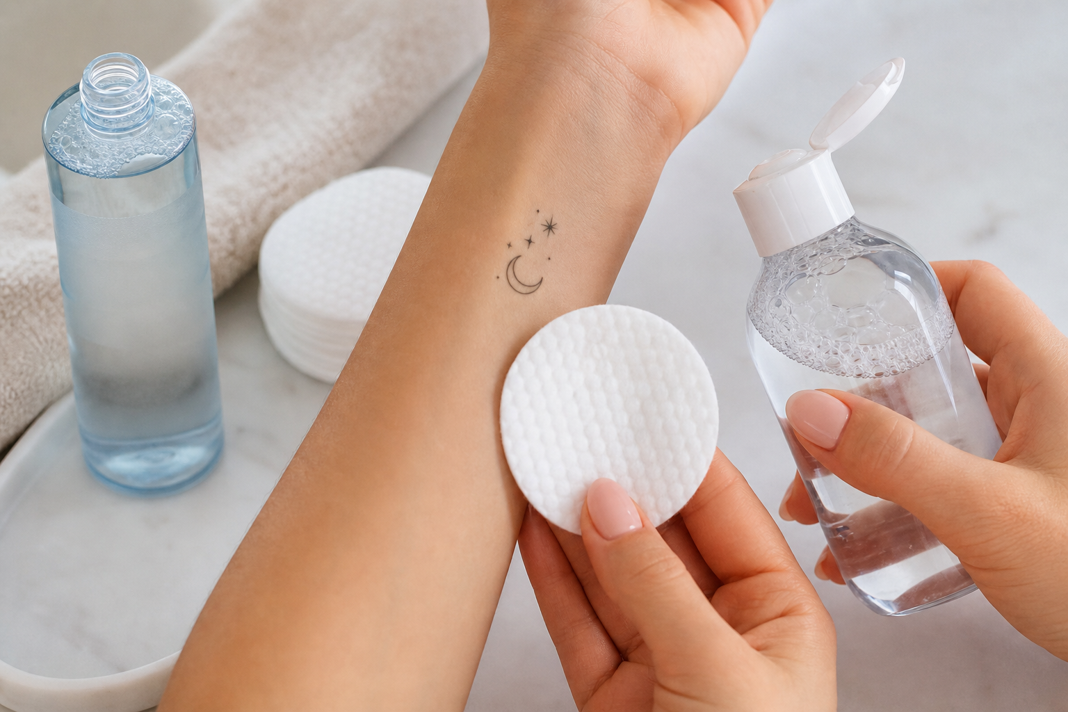 Micellar water, cotton pads, and makeup remover placed next to a temporary tattoo