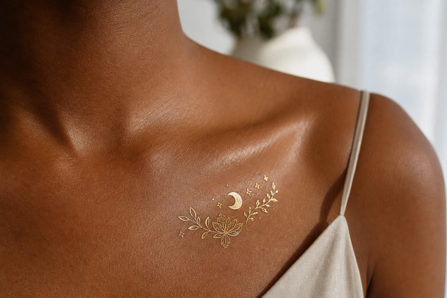 Gold metallic temporary tattoo on adult skin showing a delicate special finish
