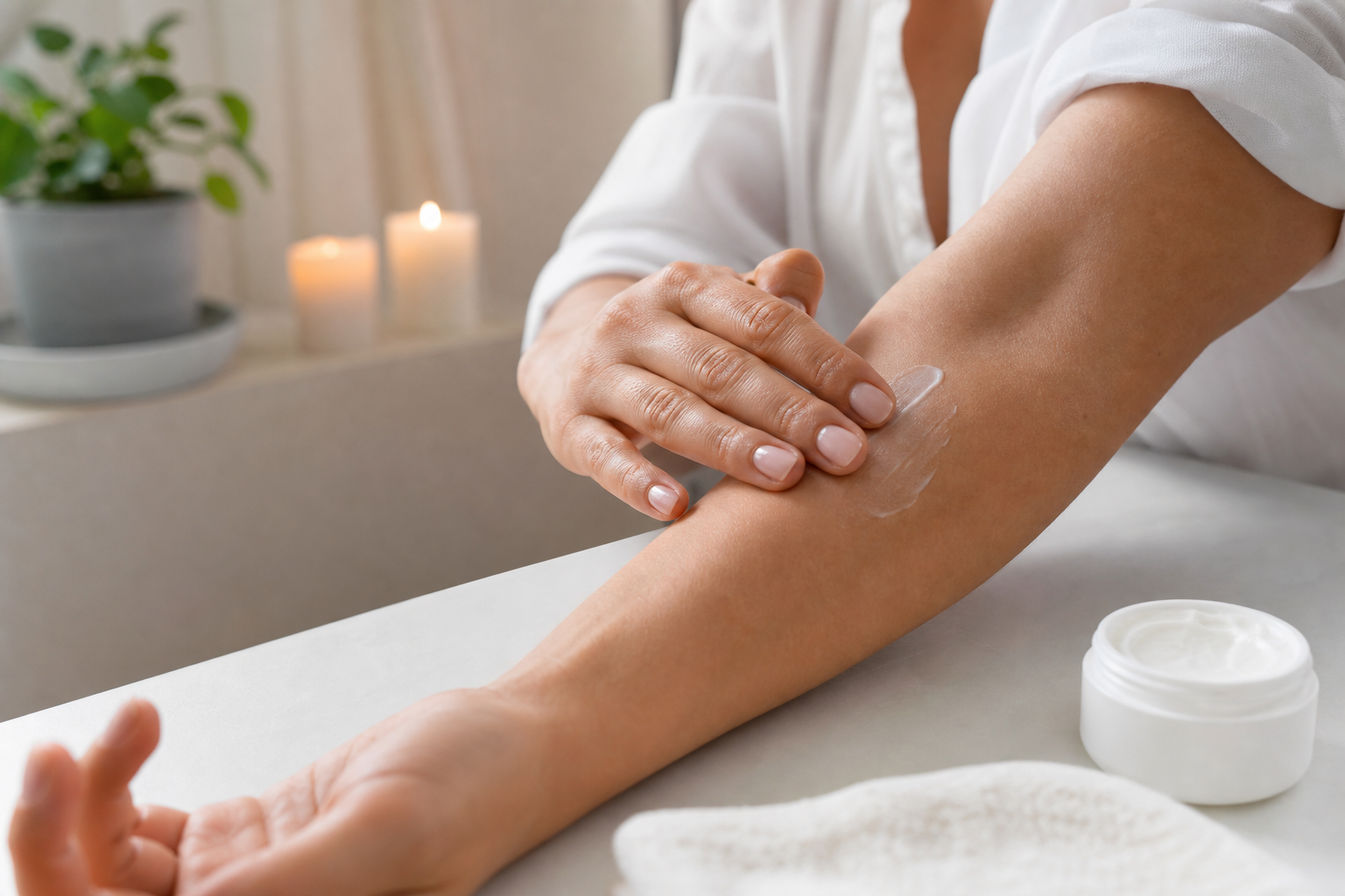 Person applying moisturizer to skin after removing a temporary tattoo