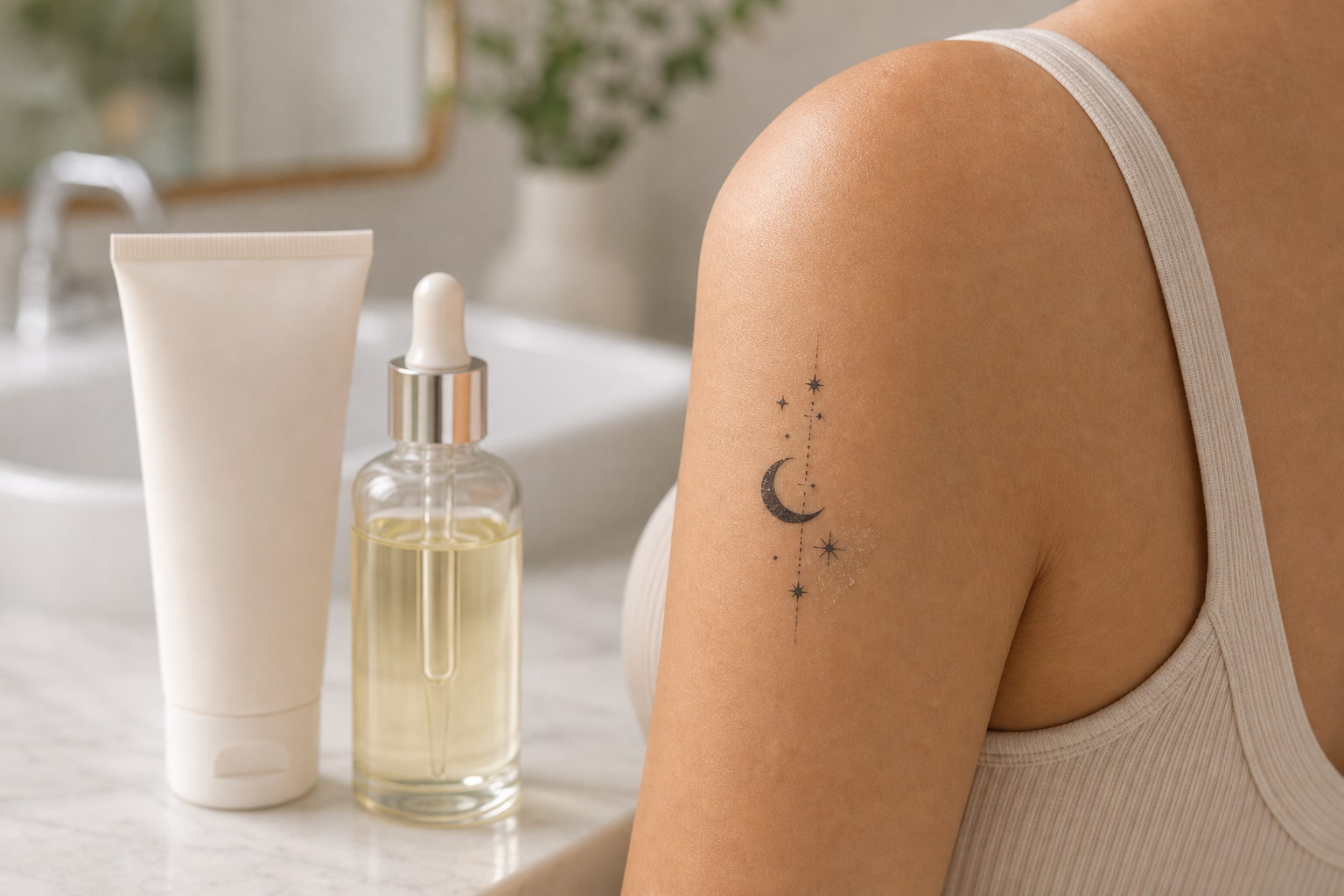 Temporary tattoo near oil and lotion products with a softened edge