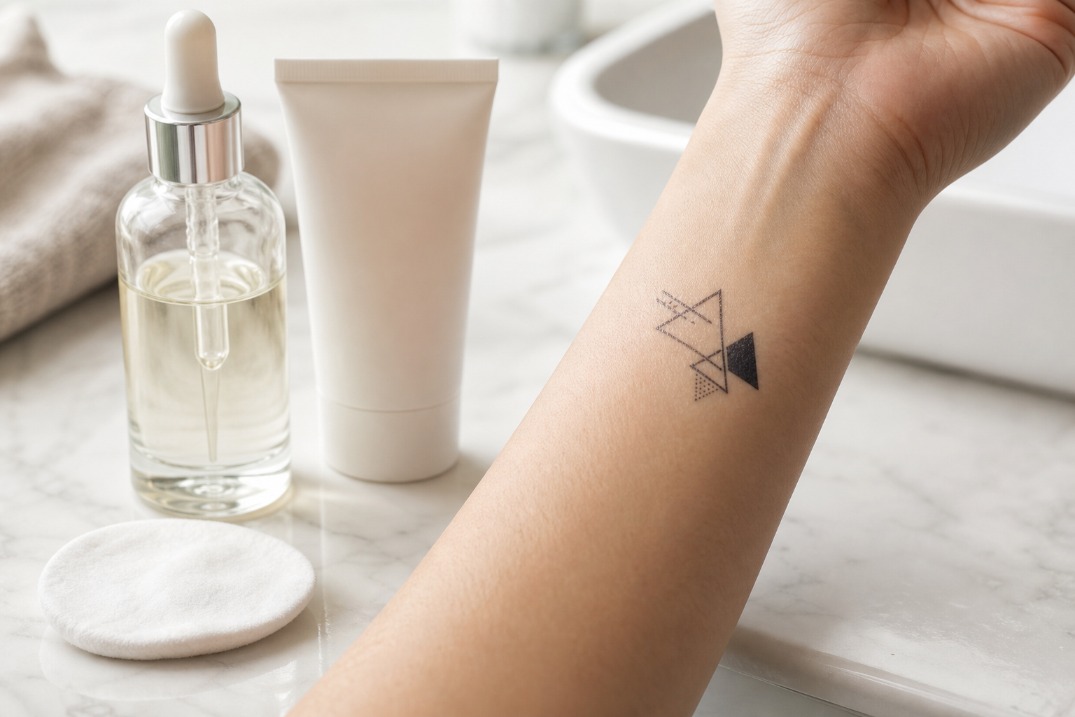 Temporary tattoo near unlabeled oil and lotion products that can weaken the design