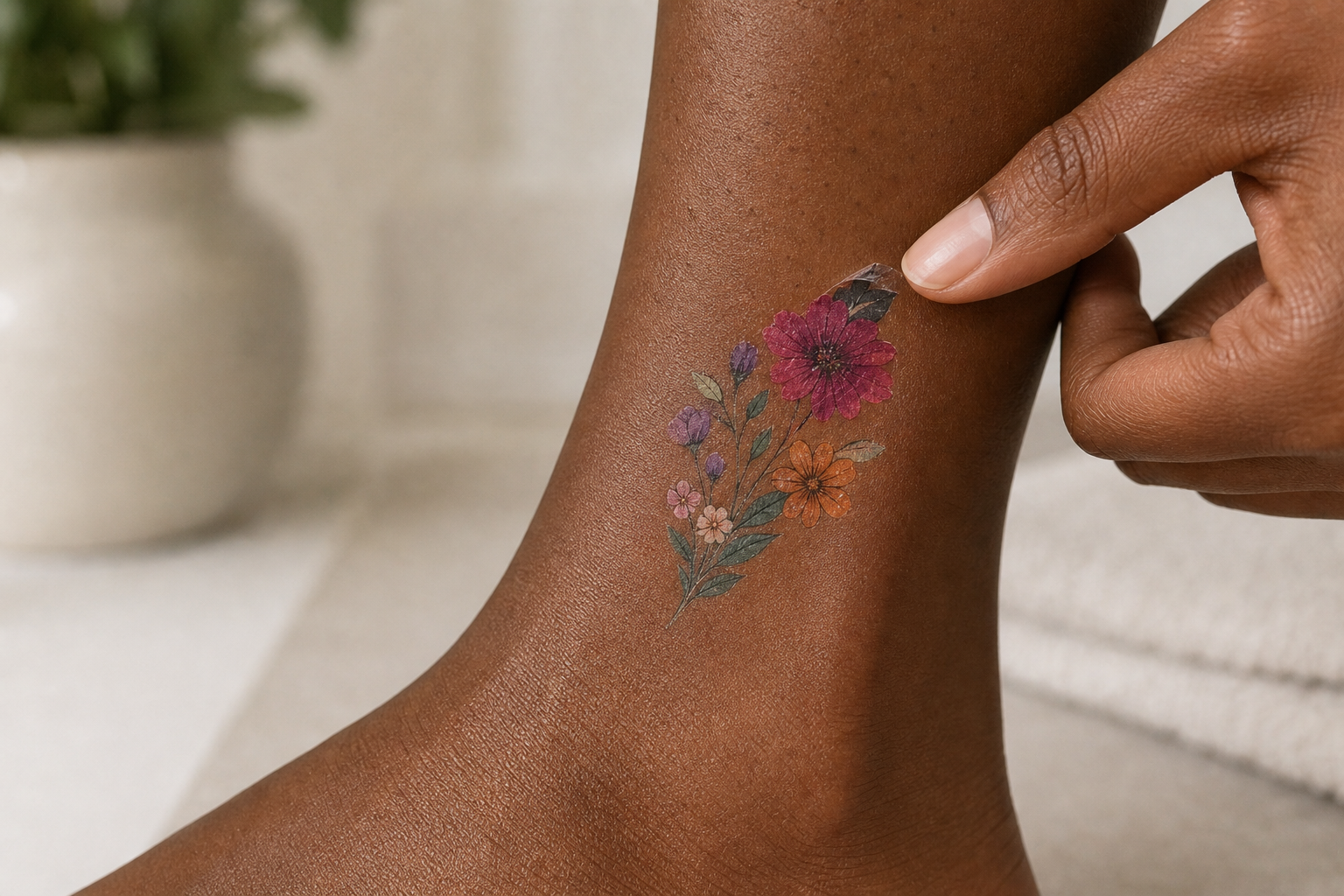 Fingertip gently pressing down the edge of a peeling temporary tattoo