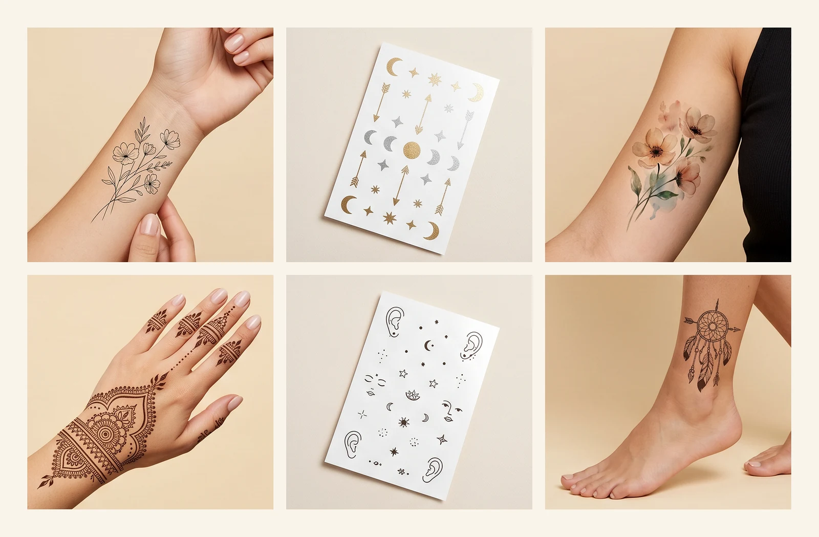 Six temporary tattoo style examples including botanical, metallic, watercolor, mehndi, face, and festival designs