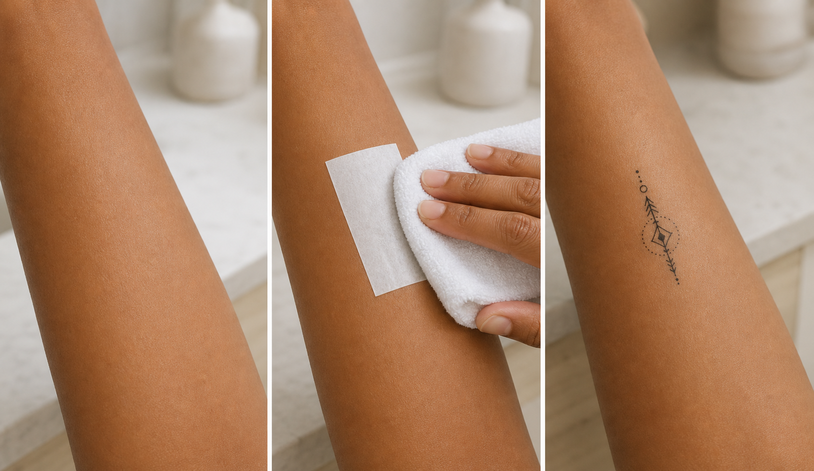 Instruction-style steps for applying a temporary tattoo to clean dry skin