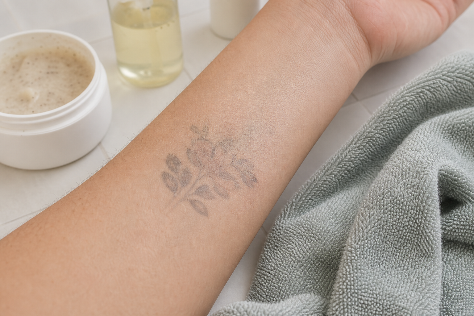 Faded semi-permanent temporary tattoo on skin with a soft washcloth nearby