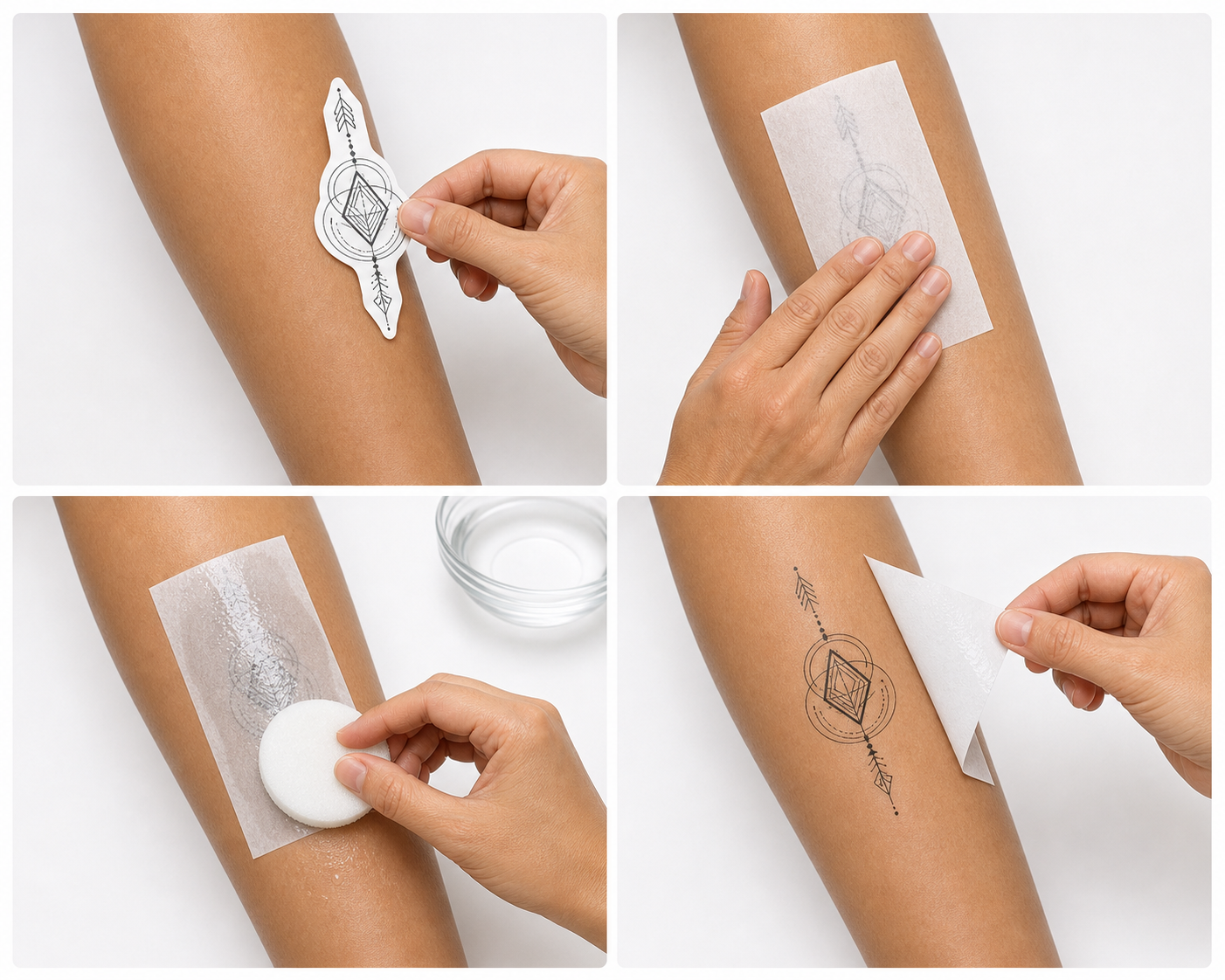 Four-panel guide showing how a temporary tattoo is placed, wetted, and transferred to the skin