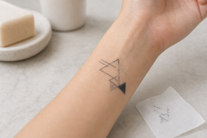 Partially transferred temporary tattoo on a wrist with backing paper nearby